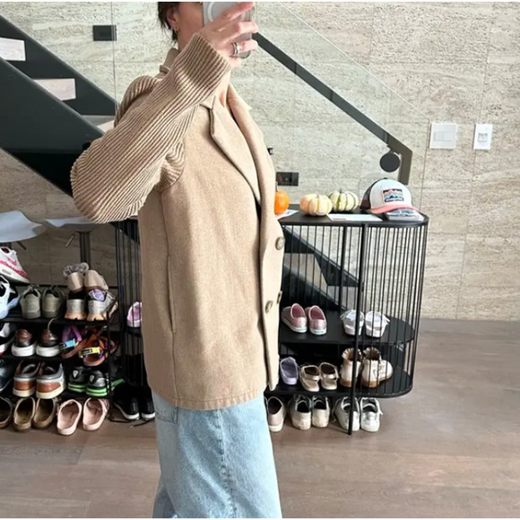 Splendid Camel Double Breasted Sweater Jacket LARGE Felted Boxy Coat Wool $178 - Picture 4 of 12